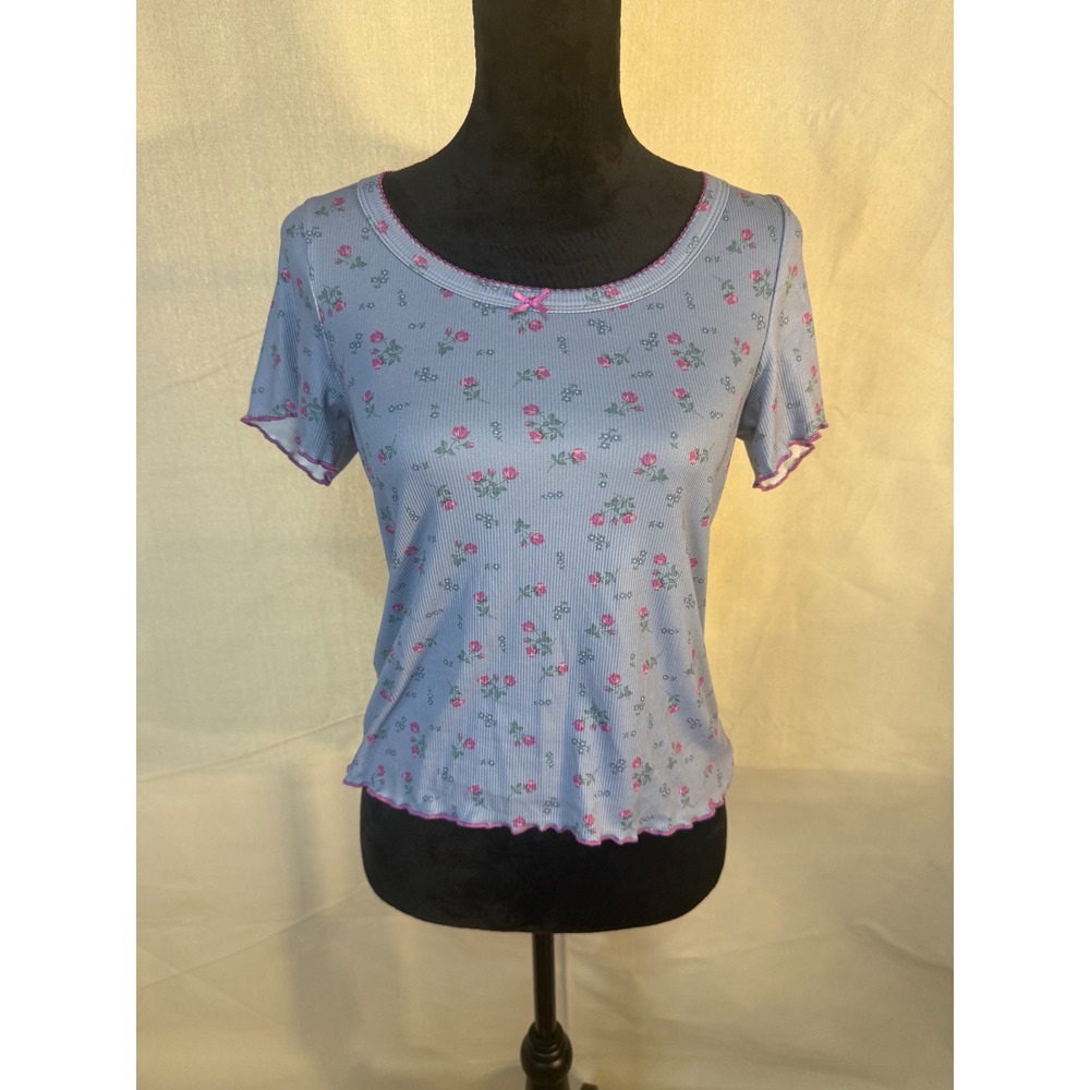 Jessica Simpson Floral Ribbed Knit Top Blue Pink Rose Lettuce Edge Coquette M